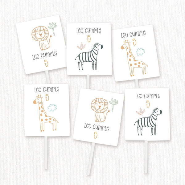 Pack de 12 piruletas personalizadas temática safari con envoltorios de león, jirafa y cebra para mesa dulce de cumpleaños