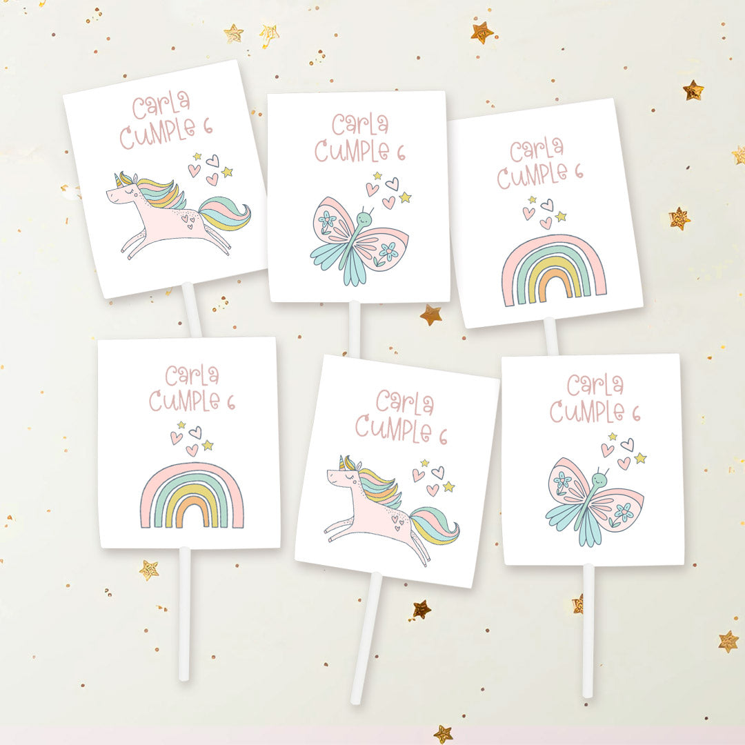 Pack de 12 piruletas personalizadas temática unicornio con envoltorios de unicornio, mariposa y arcoíris para mesa dulce de cumpleaños