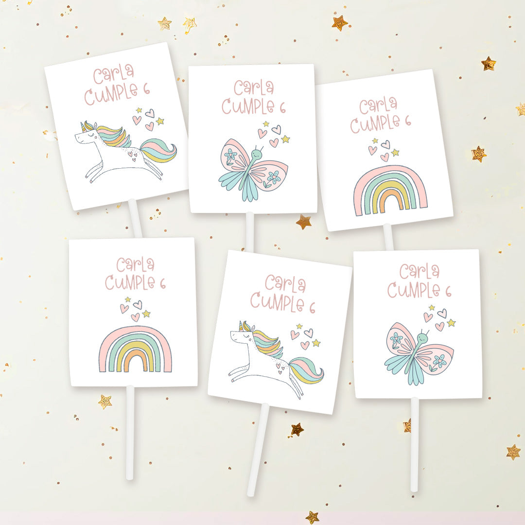 Pack de 12 piruletas personalizadas temática unicornio con envoltorios de unicornio, mariposa y arcoíris para mesa dulce de cumpleaños