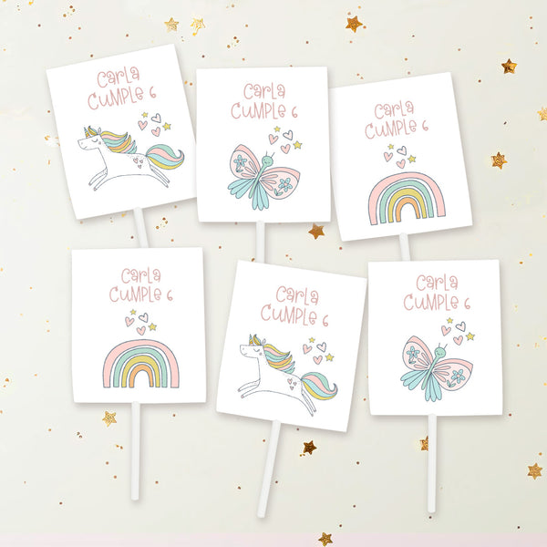 Pack de 12 piruletas personalizadas temática unicornio con envoltorios de unicornio, mariposa y arcoíris para mesa dulce de cumpleaños