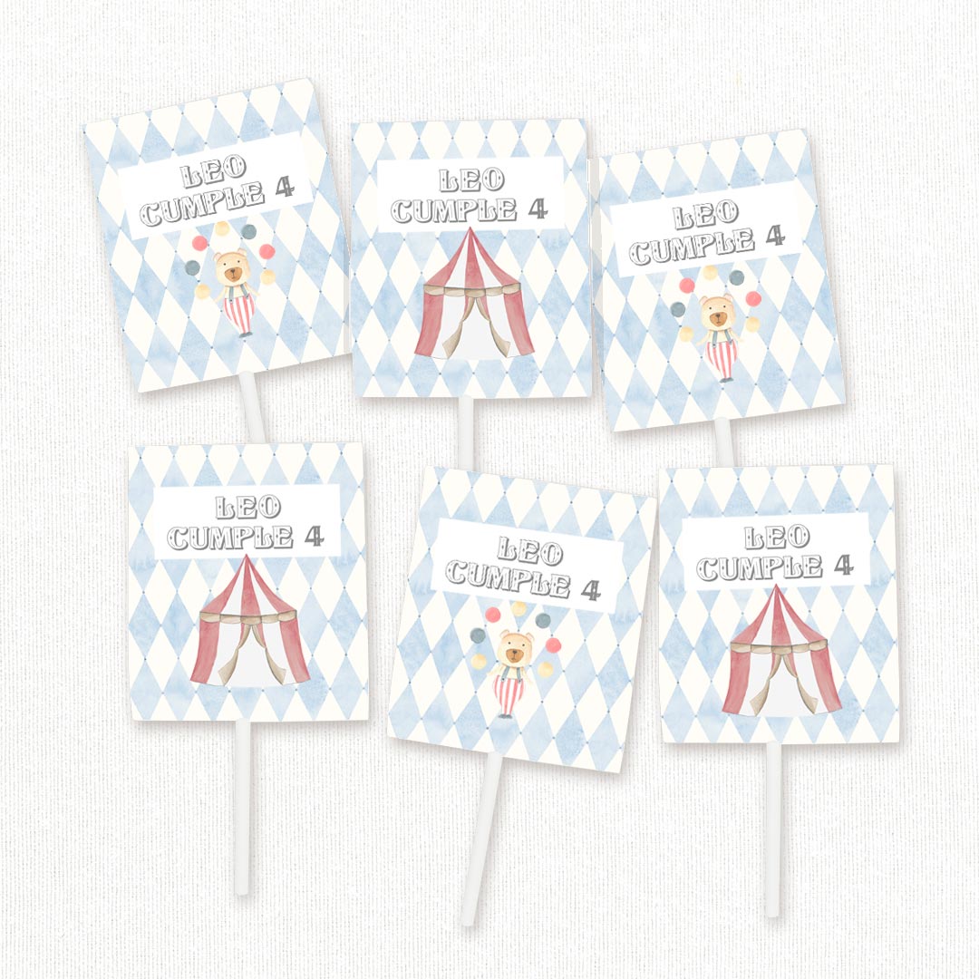 Pack de 12 piruletas personalizadas temática circo con envoltorios de osito circense y carpa para mesa dulce de cumpleaños