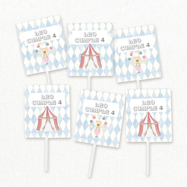 Pack de 12 piruletas personalizadas temática circo con envoltorios de osito circense y carpa para mesa dulce de cumpleaños