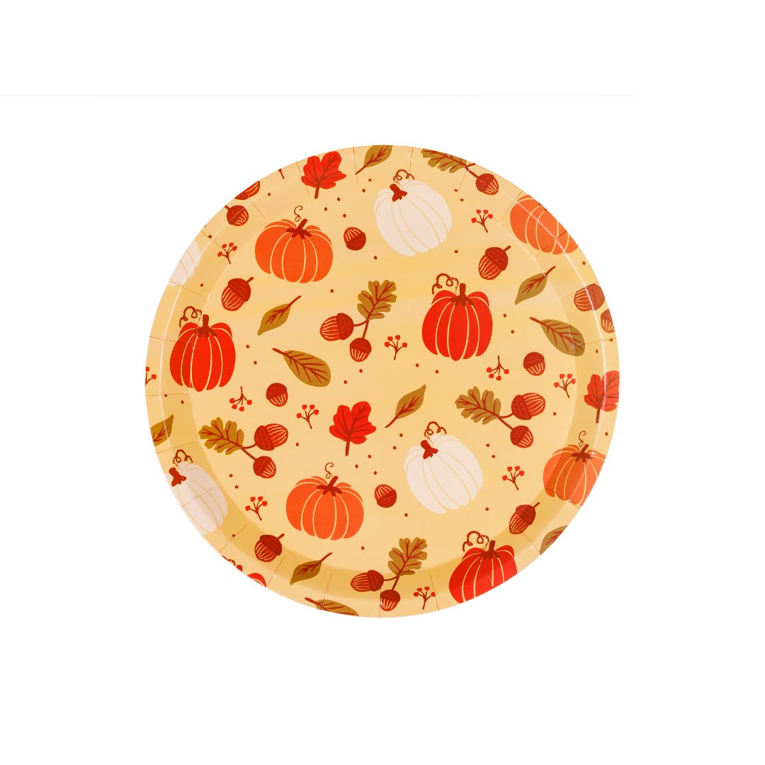 Detalle del plato de papel con calabazas, bellotas y hojas otoñales, 23 cm de diámetro