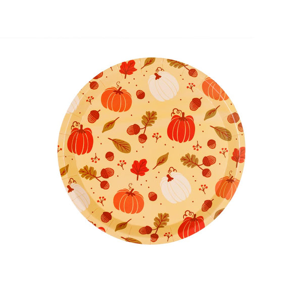 Detalle del plato de papel con calabazas, bellotas y hojas otoñales, 23 cm de diámetro