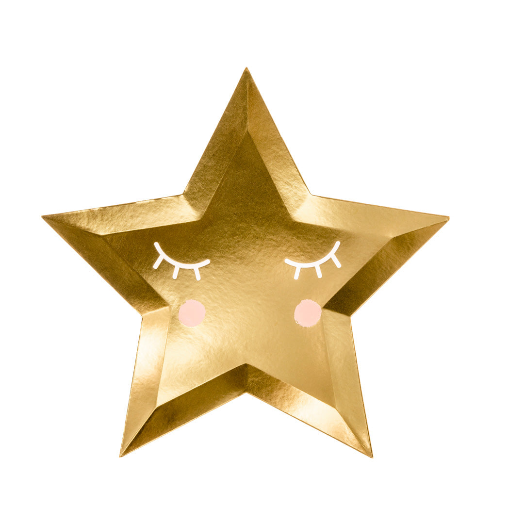 Detalle del acabado dorado espejo de los platos de papel con forma de estrella. Pack de 6 uds.