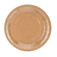 Detalle del acabado natural de los platos de papel kraft. Pack de 6 unidades, 18 cm de diámetro.
