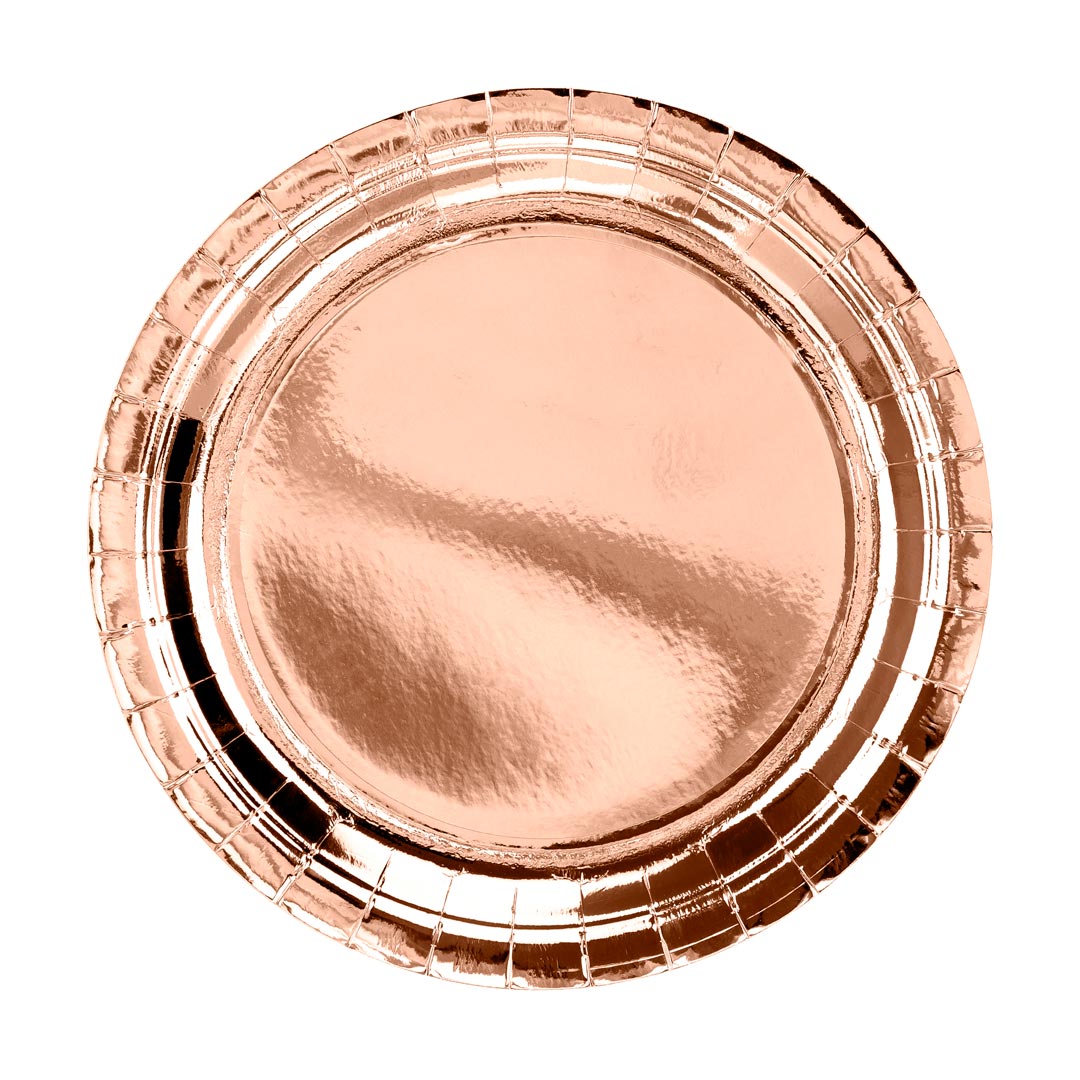 Platos de papel oro rosa redondos de 23 cm. Pack de 6 unidades.