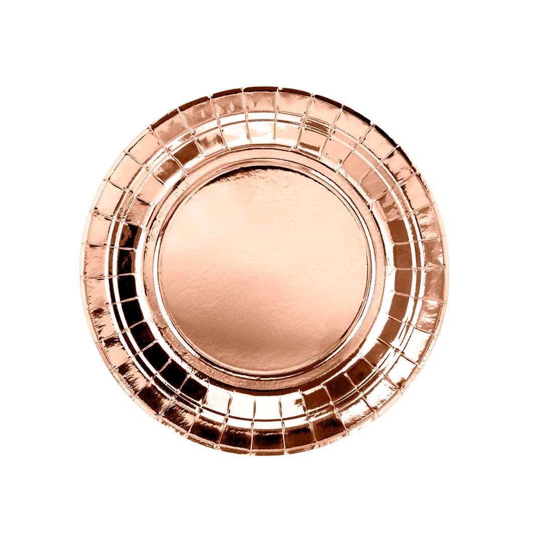 Platos de papel oro rosa redondos de 18 cm. Pack de 6 unidades.