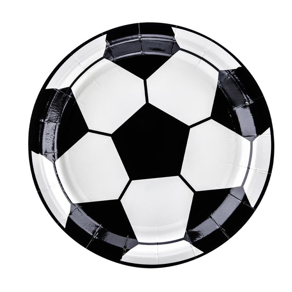 Pack 6 platos de papel con diseño de balón de fútbol negro y blanco 18 cm