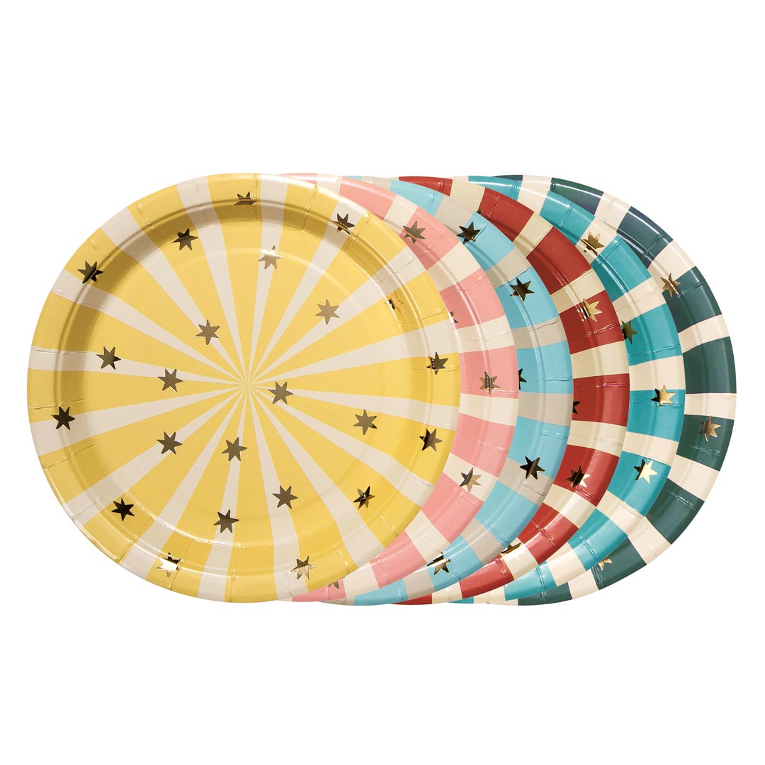 Pack 6 platos de papel circo a rayas surtidos en amarillo rosa azul y verde con estrellas doradas