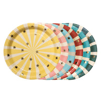 Pack 6 platos de papel circo a rayas surtidos en amarillo rosa azul y verde con estrellas doradas