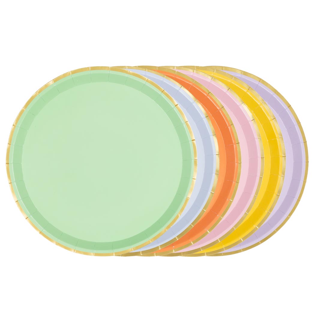 Pack 6 platos de papel en colores pastel surtidos con borde dorado 21 cm