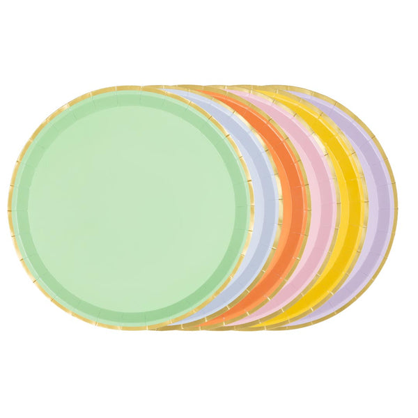 Pack 6 platos de papel en colores pastel surtidos con borde dorado 21 cm