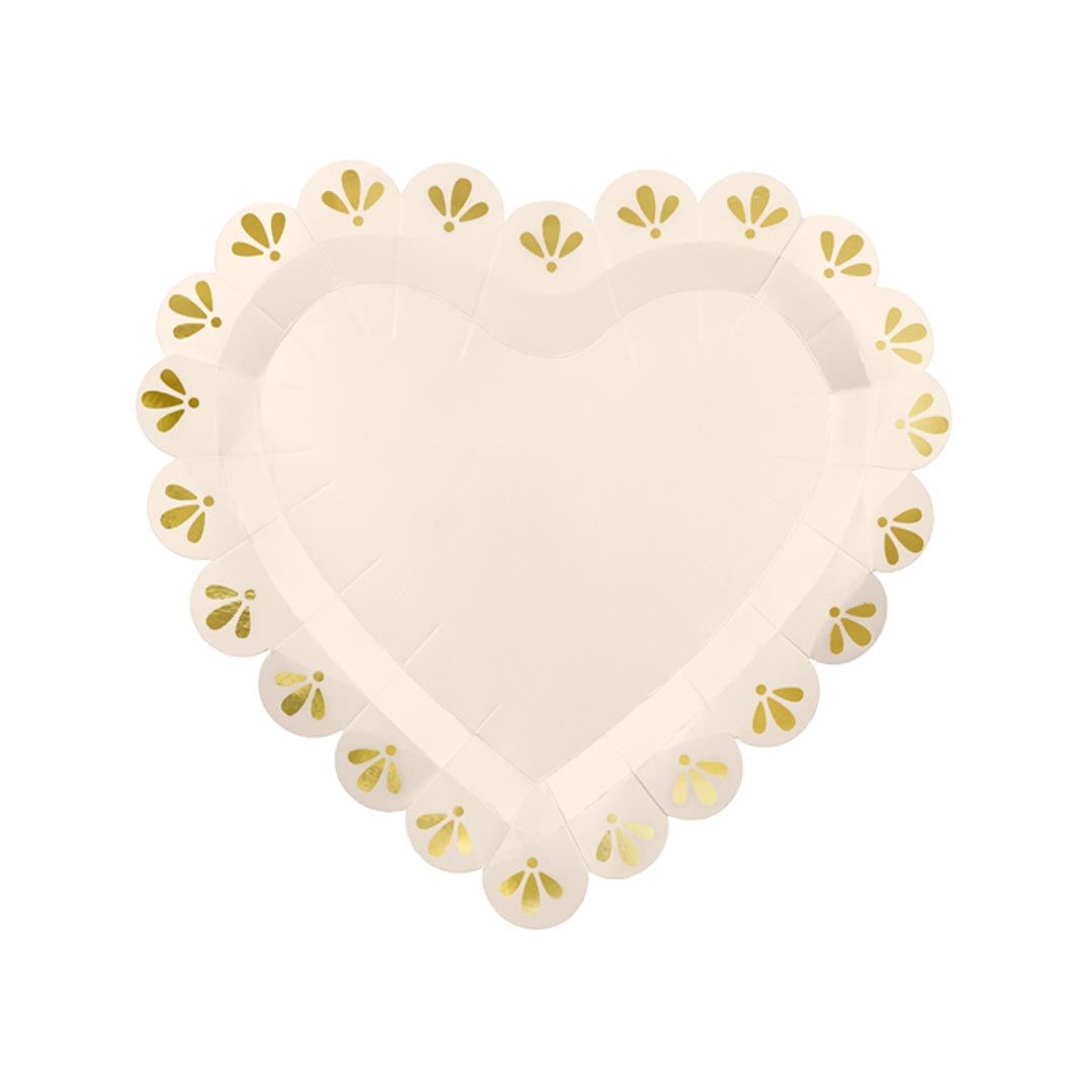 Pack 6 platos de papel con forma de corazón crema y borde festoneado dorado