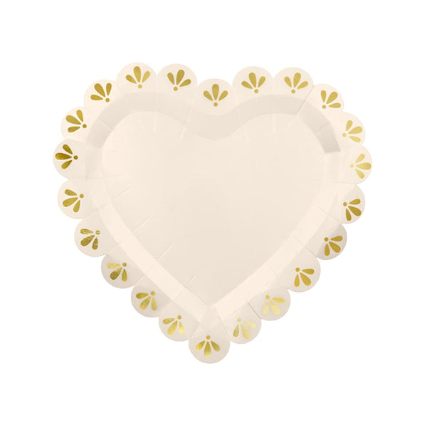 Pack 6 platos de papel con forma de corazón crema y borde festoneado dorado