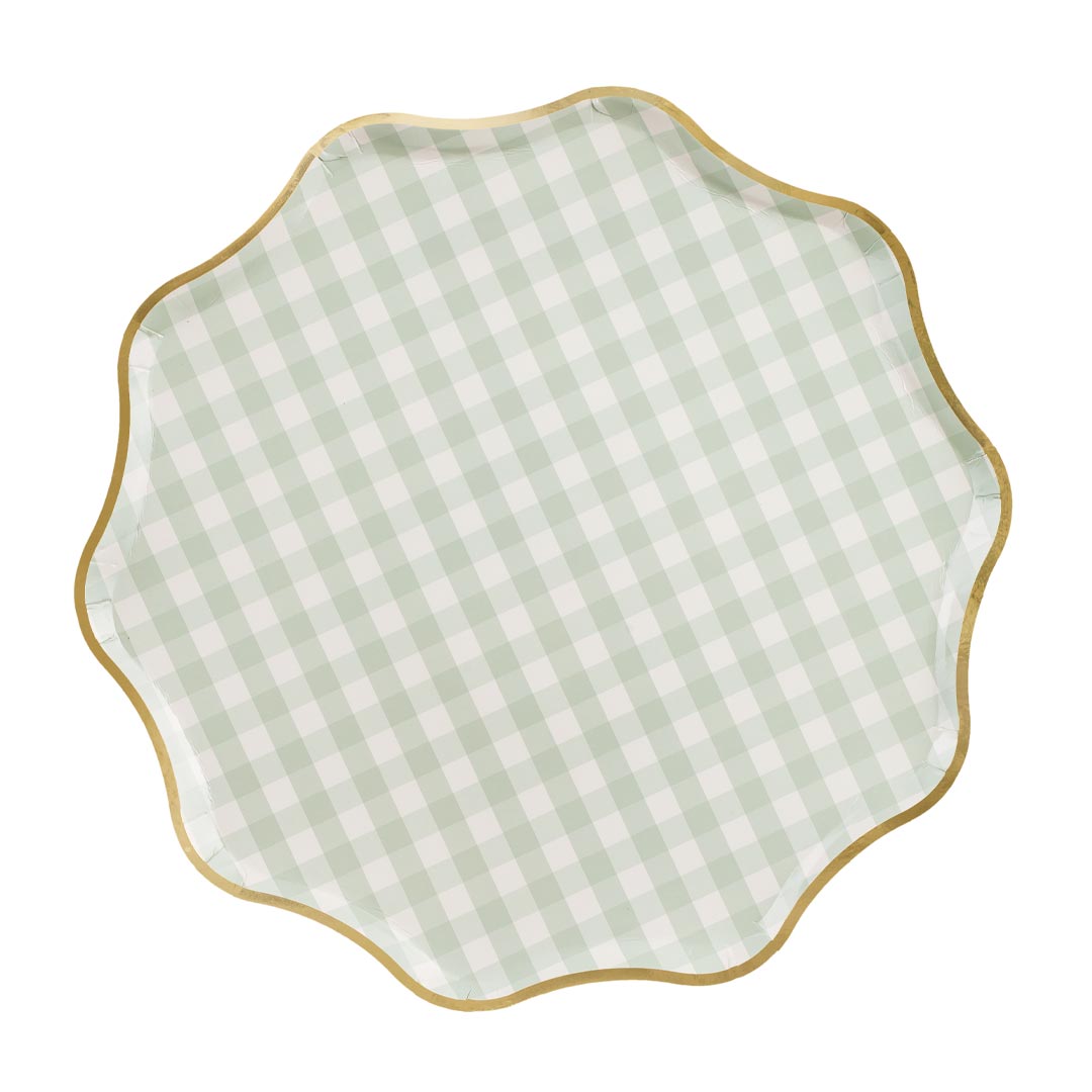 Pack 6 platos de papel cuadros vichy verde menta con borde ondulado dorado
📷 Foto 2