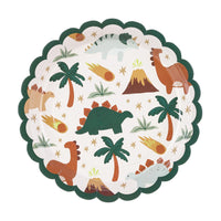 Pack 6 platos de papel dinosaurios con ilustraciones prehistóricas y borde festoneado verde
