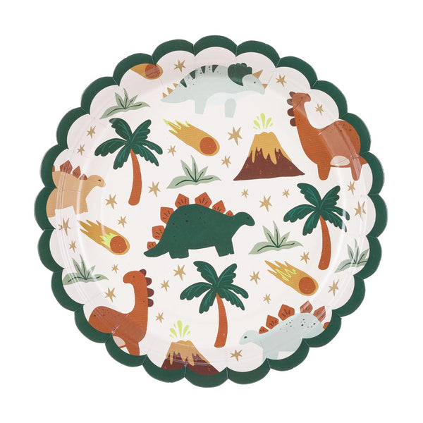 Pack 6 platos de papel dinosaurios con ilustraciones prehistóricas y borde festoneado verde