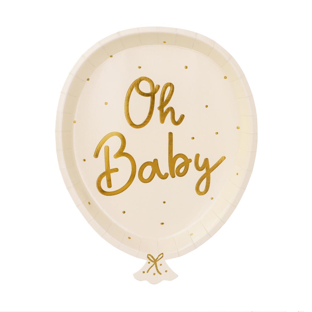 Pack 6 platos de papel con forma de globo Oh Baby en crema y letras doradas