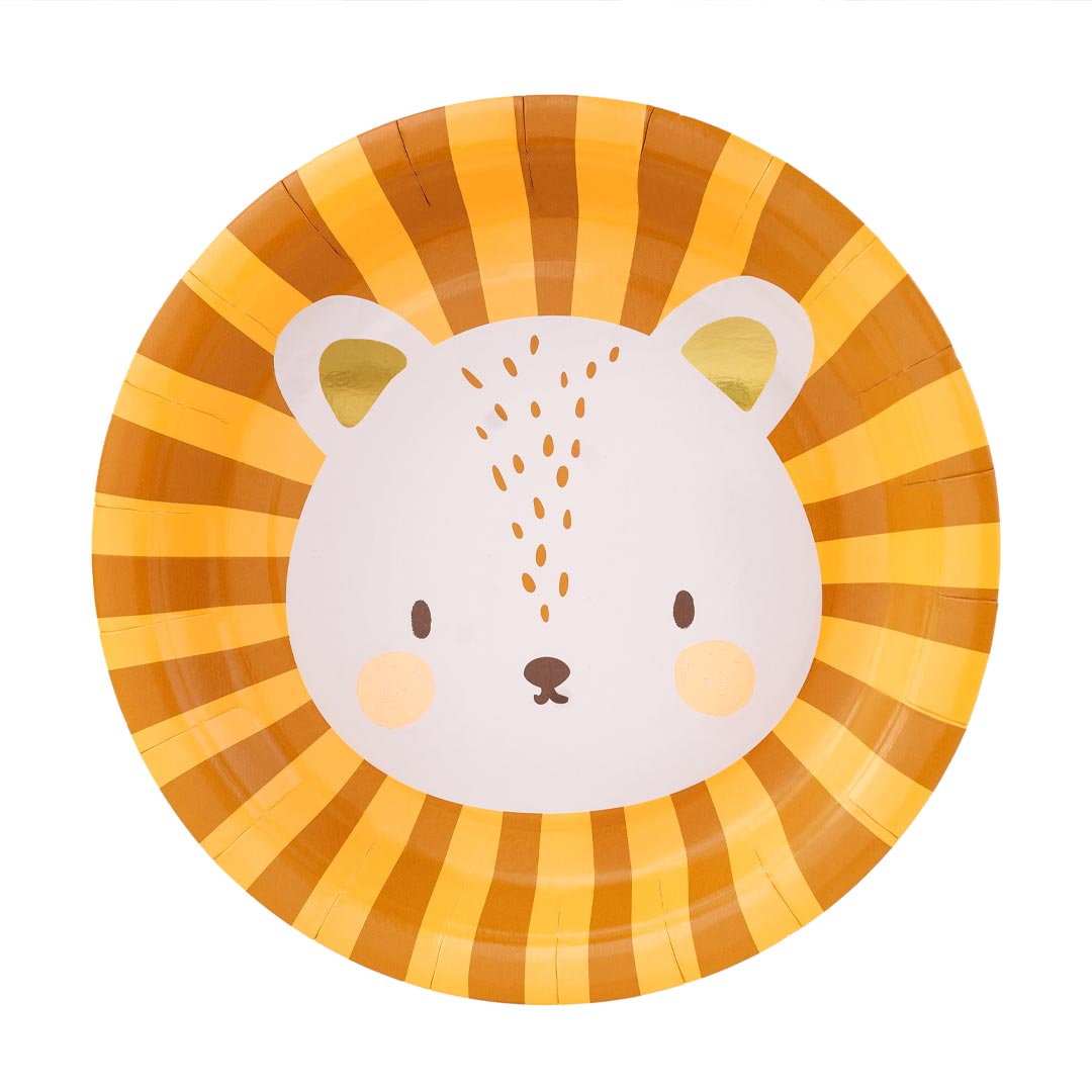 Pack 6 platos de papel con ilustración de león Leo en naranja y dorado 18 cm