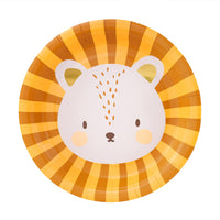 Pack 6 platos de papel con ilustración de león Leo en naranja y dorado 18 cm
