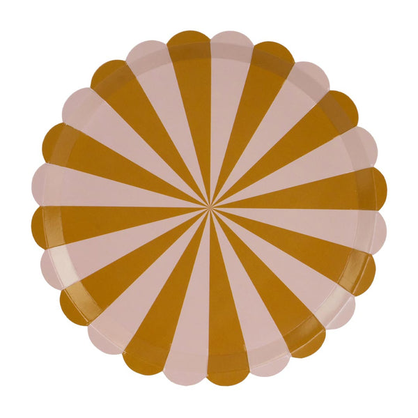 Detalle del diseño de rayas convergentes en rosa y marrón dorado del plato de papel