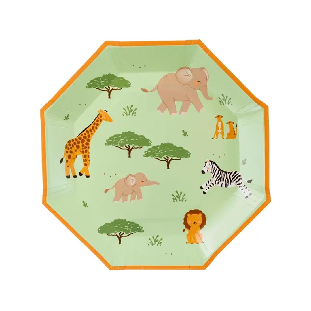 Pack 6 platos de papel octogonales safari verde menta con animales y borde naranja