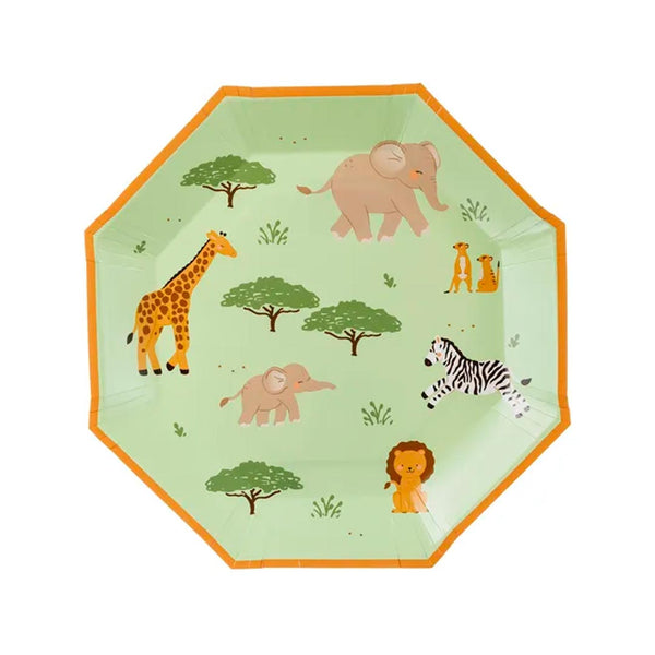 Pack 6 platos de papel octogonales safari verde menta con animales y borde naranja