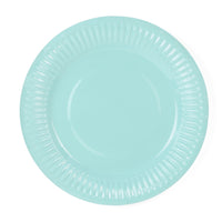 Detalle del color turquesa en los platos de papel. Pack de 6 unidades, 18 cm de diámetro.