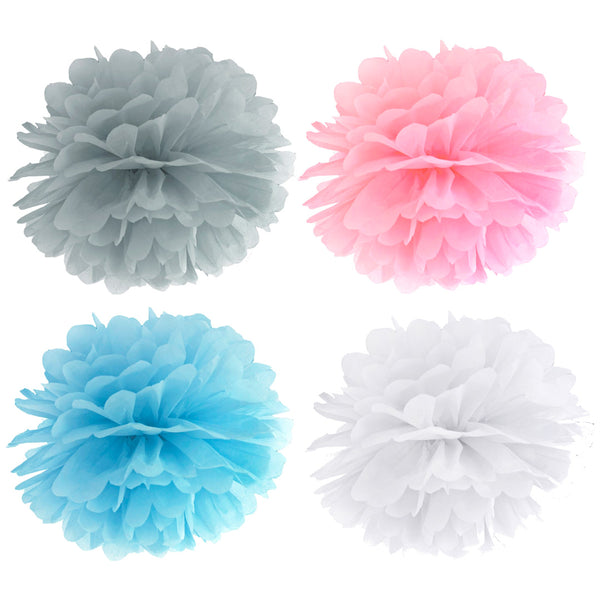 Pompones de papel de seda de 25 cm en colores azul claro, rosa, blanco y gris.
