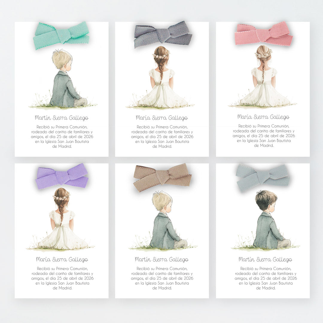 opciones de diseño y color del lazo para el recordatorio de comunión de la colección boho.