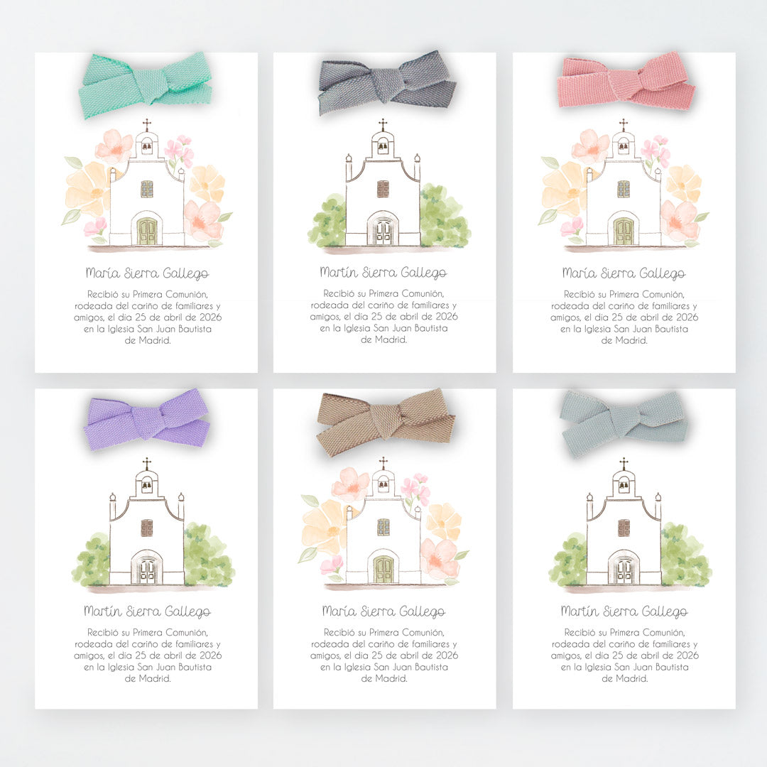 opciones de diseño y color del lazo para el recordatorio de comunión de la colección iglesia.