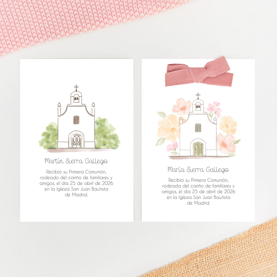 recordatorio para comunión de la colección iglesia con diseño de flores o ramas. Disponible en seis colores.