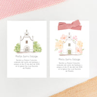 recordatorio para comunión de la colección iglesia con diseño de flores o ramas. Disponible en seis colores.