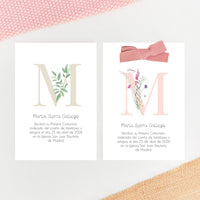 recordatorio para comunión de la colección inicial con diseño de flores o ramas de olivo. Disponible en seis colores.