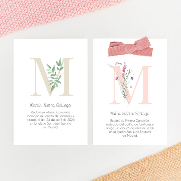 recordatorio para comunión de la colección inicial con diseño de flores o ramas de olivo. Disponible en seis colores.