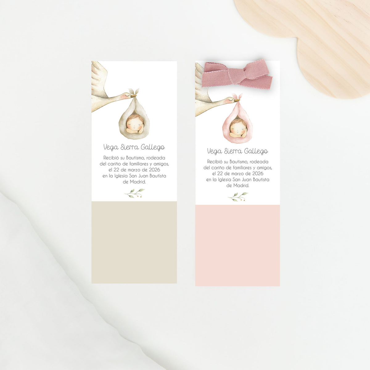 recordatorio formato marcapáginas, con o sin lazo,  para bautizo de la colección cigüeña. 