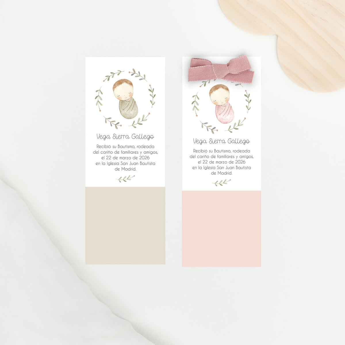 Recordatorio en formato marcapáginas para bautizo de la colección rosquito bebé. 