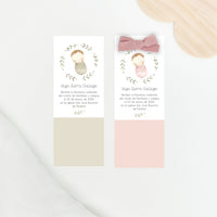 Recordatorio en formato marcapáginas para bautizo de la colección rosquito bebé. 