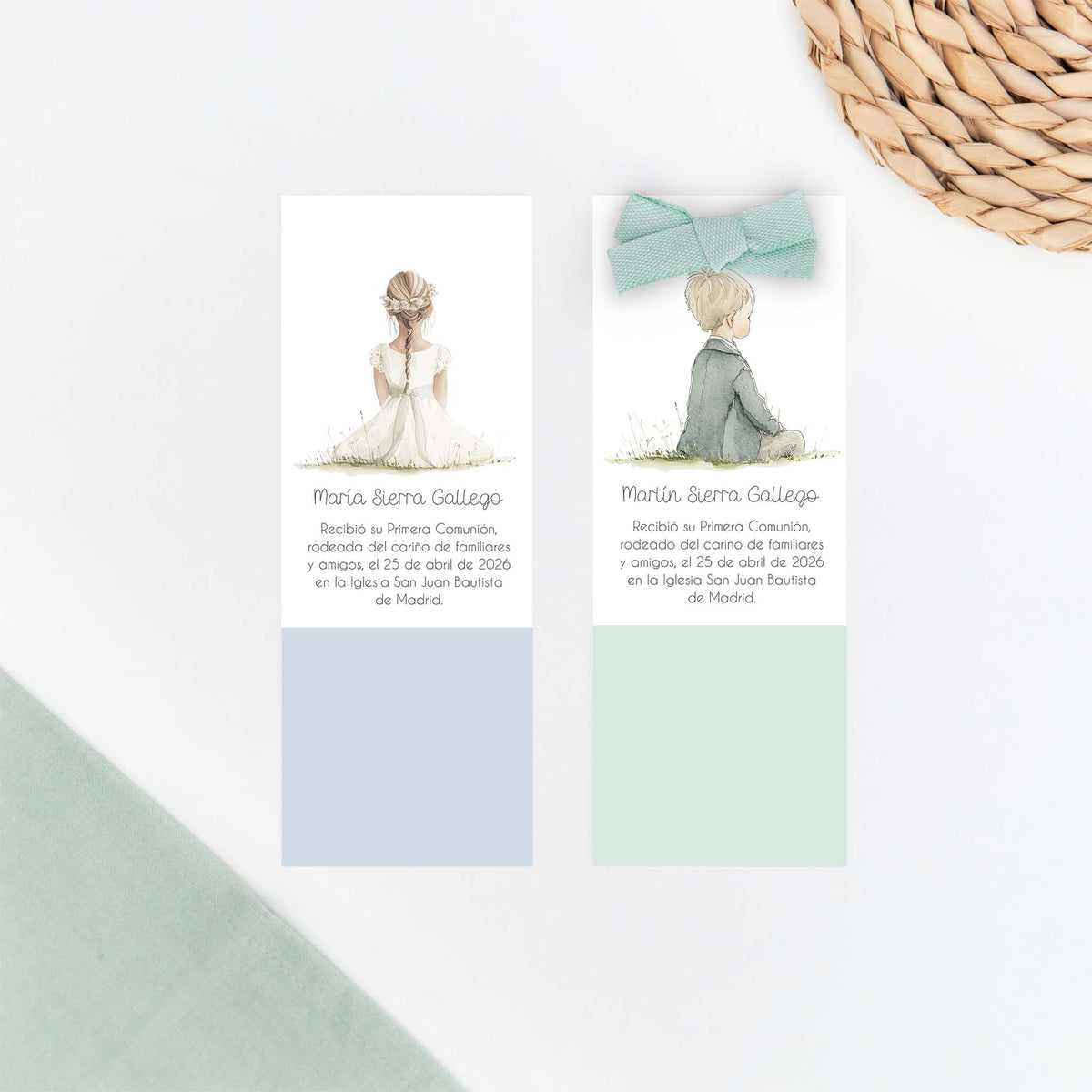 Recordatorio formato marcapáginas para comunión de la colección boho. 