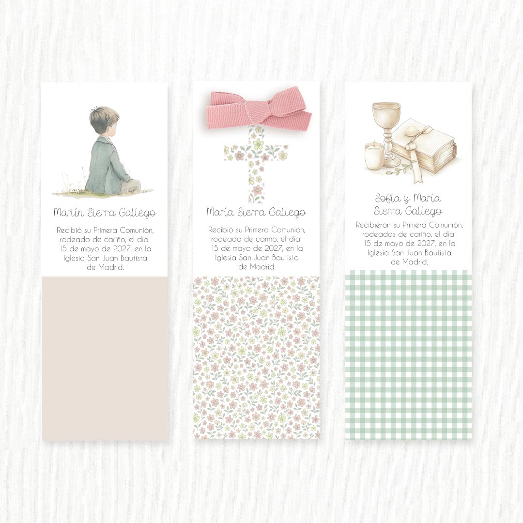 opciones de diseño de las tarjetas marcapáginas para Primera Comunión. 
