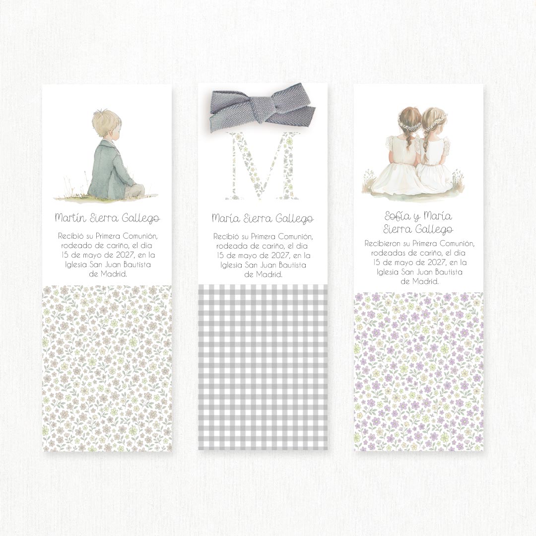 opciones de diseño de las tarjetas marcapáginas para Primera Comunión. 