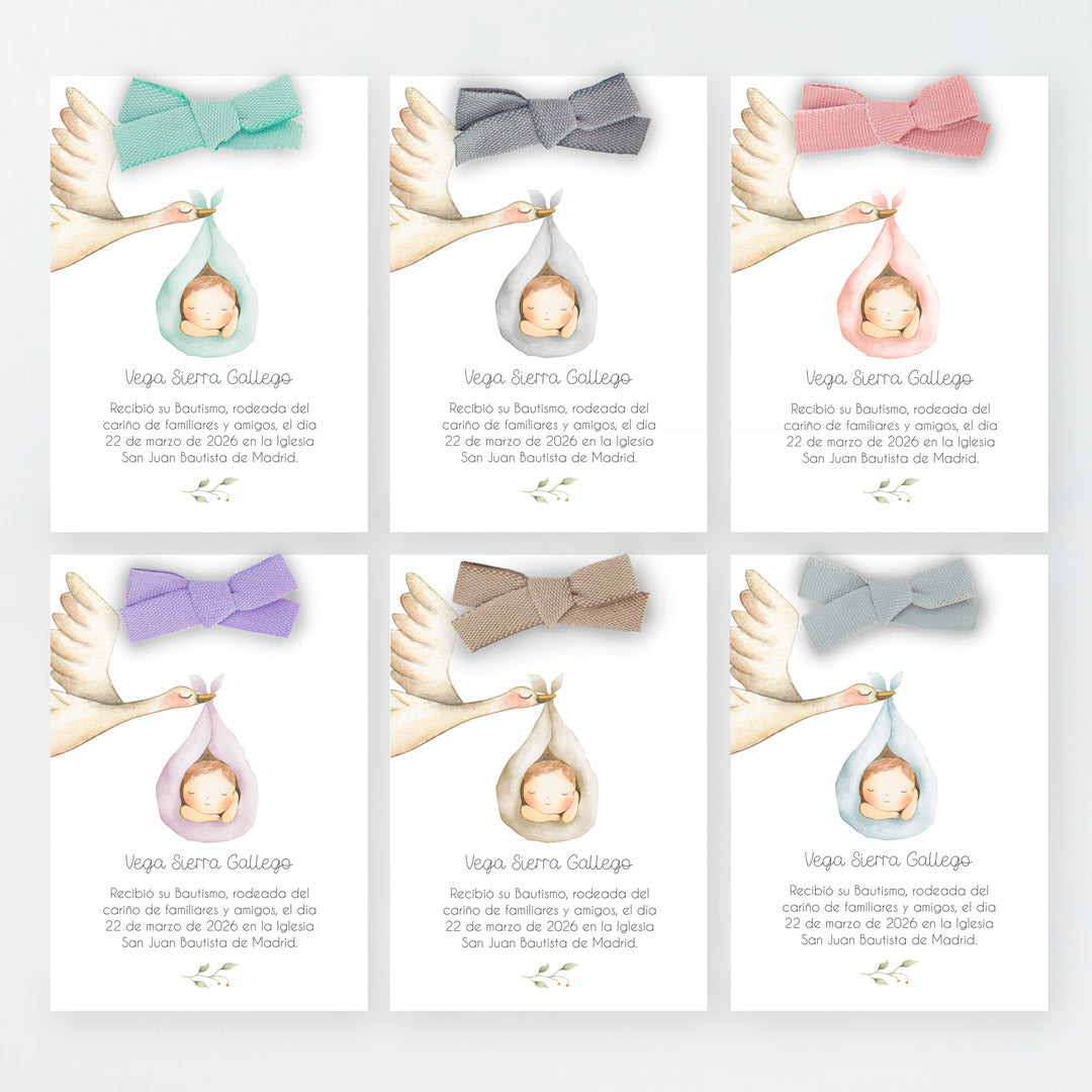opciones de diseño y color del lazo para el recordatorio de bautizo de la colección cigüeña.
