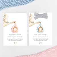 recordatorio para bautizo de la colección cigüeña disponible en seis colores. 