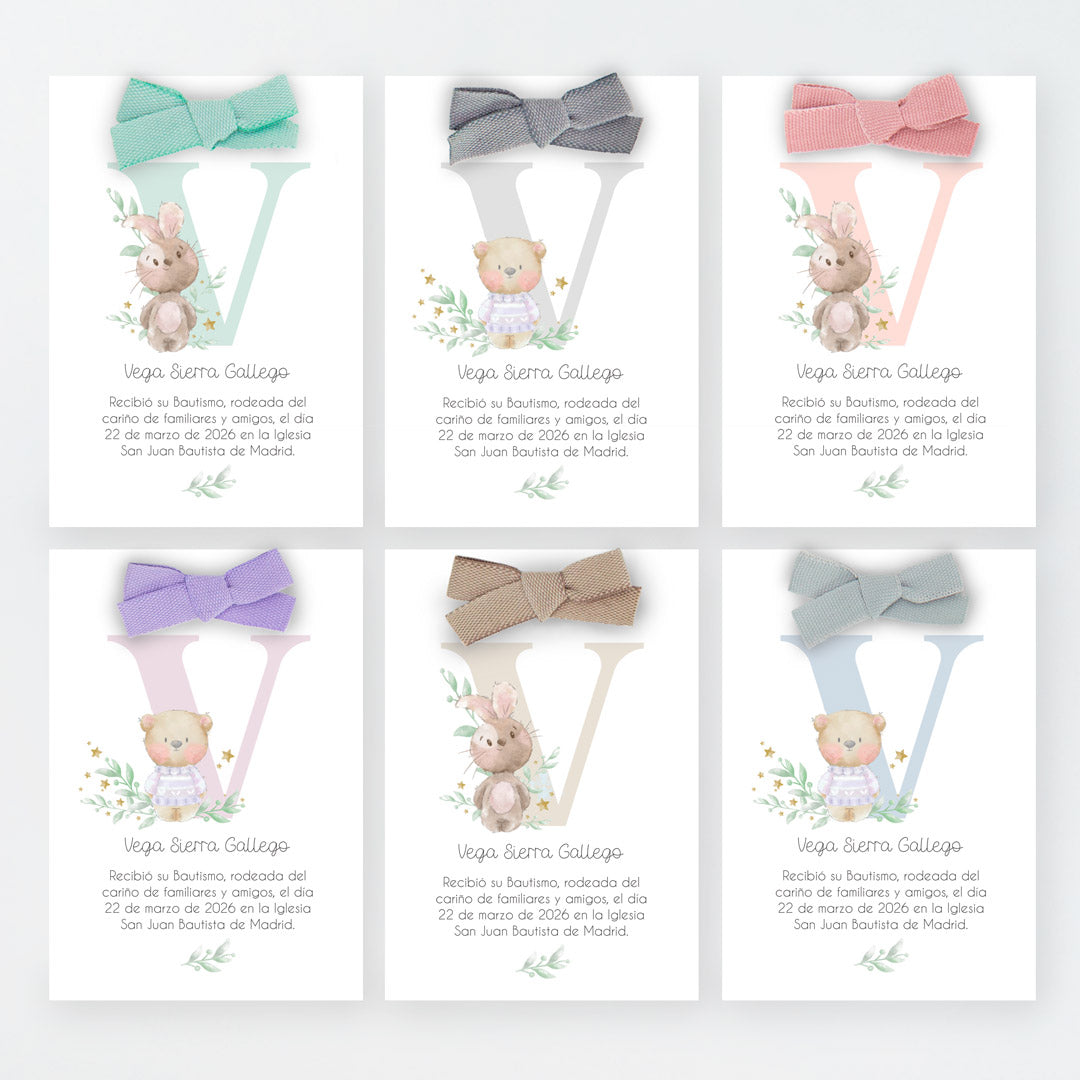 opciones de diseño y color del lazo para el recordatorio de bautizo de la colección inicial.