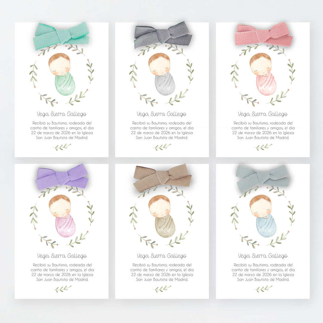 opciones de diseño y color del lazo para el recordatorio de bautizo de la colección inicial.