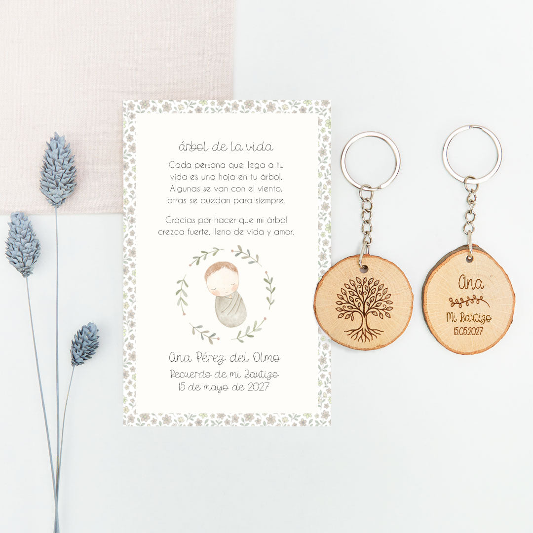 Llavero Árbol de la Vida con Tarjeta para Invitados de Bautizo