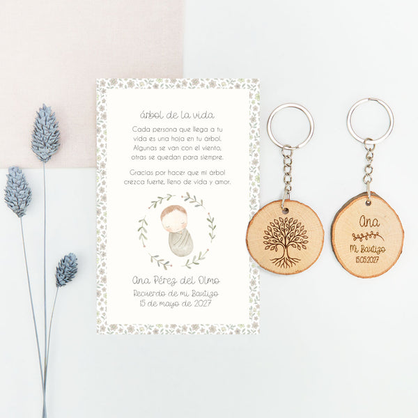 Llavero Árbol de la Vida con Tarjeta para Invitados de Bautizo