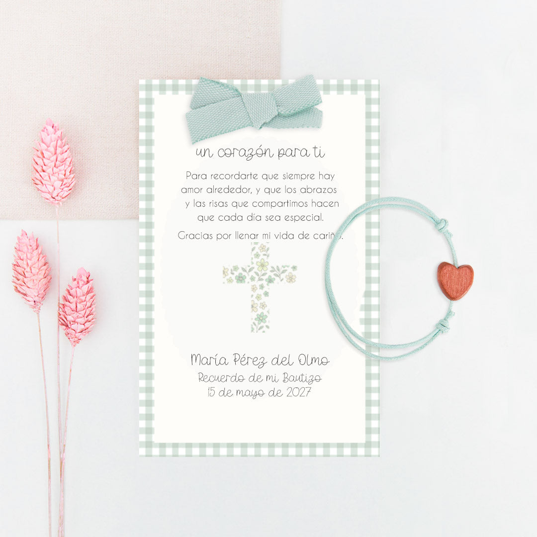 Pulsera Corazón con Tarjeta para Invitados de Bautizo