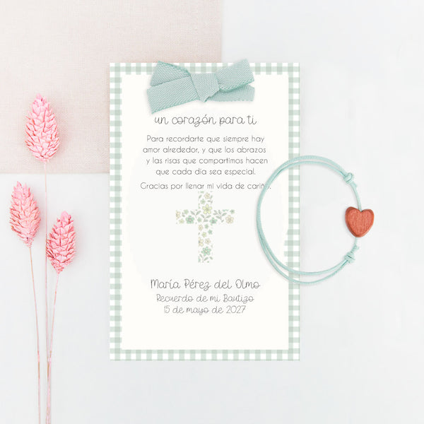 Pulsera Corazón con Tarjeta para Invitados de Bautizo